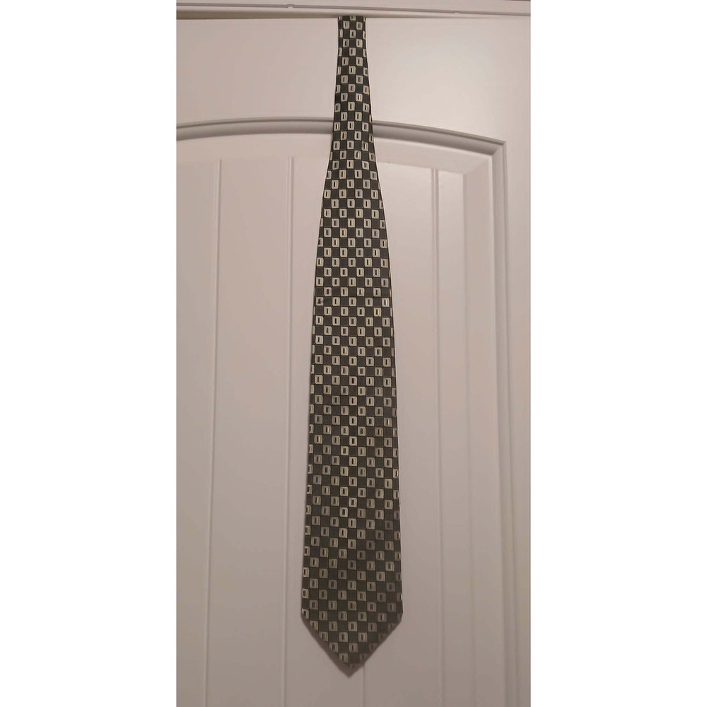 Roberto Villini Couture Mens Silk Tie Olive Green Black Geometric Square Pattern